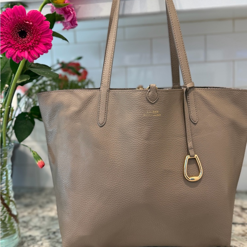 Ralph Lauren Taupe Leather Tote with Gold Accents